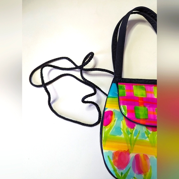 EUC Vintage Angela Frascone Pink Green Blue Black Plaid&Tulip minibag - Picture 2 of 5